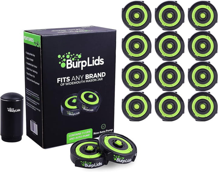 BurpLids® 14 Pack Curing Kit With NEW AUTO PUMP - Fits All Wide Mouth Mason Jar Containers - A Home Harvesting Essential. 14 lids + Electric Auto Pump. Vacuum sealed for successful cure