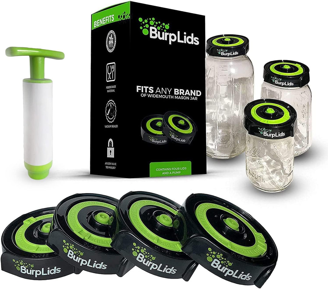 BurpLids® 4 Pack Curing Kit - Fits All Wide Mouth Mason Jar Containers - Home Harvesting Essentials Includes 4 Lids with Extraction Pump - Vacuum Sealed for successful Cure