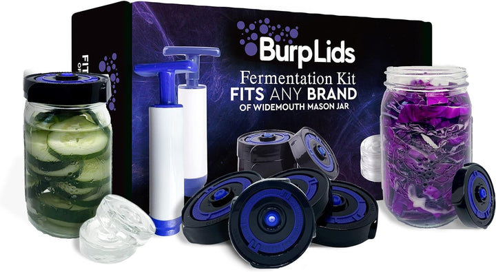 BurpLids® Pack of 4 Fermentation kit, Mason Jars Fermentation Lids | Fits all Wide Mouth Mason Jars | 1 Extraction Pump | 2 Weights with 4 Fermenting Jar Lids