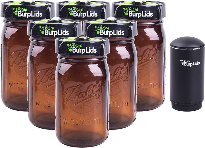 Burp Lids 6 Pack 32oz Amber Jars Curing Kit With AUTO PUMP - Fits All Wide Mouth Mason Jar Containers - 6 lids + 6 Amber Glass Jars + Electric Auto Pump. Vacuum sealed for successful cure