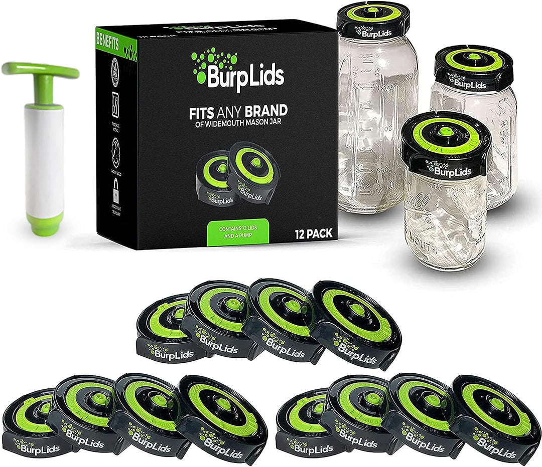 BurpLids® 12 Pack Curing Kit - Fits All Wide Mouth Mason Jar Containers - A Home Harvesting Essential. 12 lids + extraction pump. Vacuum sealed for successful cure.