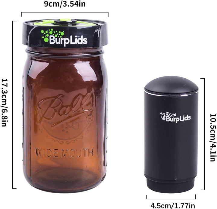 Burp Lids 6 Pack 32oz Amber Jars Curing Kit With AUTO PUMP - Fits All Wide Mouth Mason Jar Containers - 6 lids + 6 Amber Glass Jars + Electric Auto Pump. Vacuum sealed for successful cure