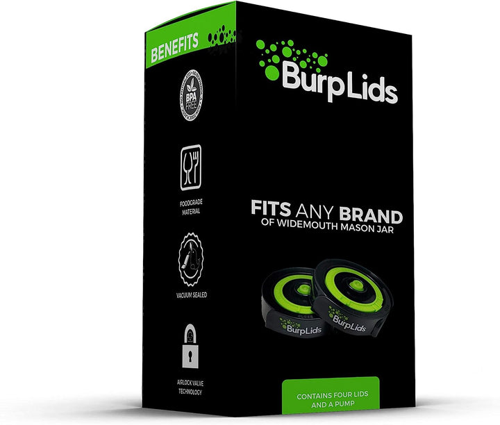 Burp Lids 4 Pack Curing Kit - Fits All Wide Mouth Mason Jar Containers - Home Harvesting Essentials Includes 4 Lids with Extraction Pump - Vacuum Sealed for successful Cure