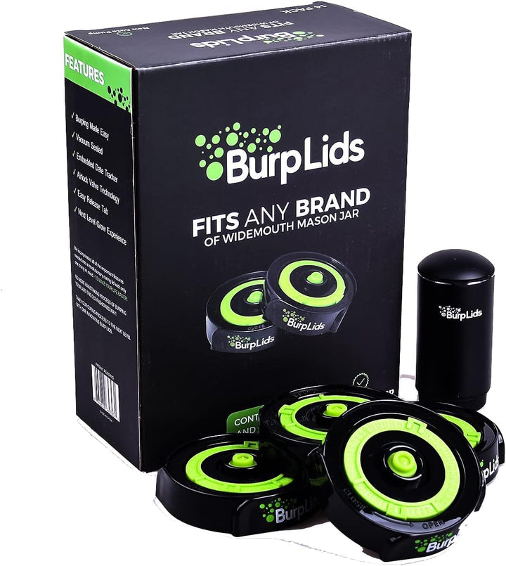 BurpLids® 000000Pack Curing Kit With NEW AUTO PUMP - Fits All Wide Mouth Mason Jar Containers - A Home Harvesting Essential. 14 lids + Electric Auto Pump. Vacuum sealed for successful cure