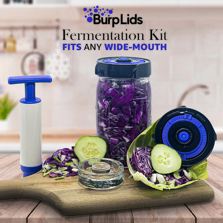 BurpLids® Pack of 4 Fermentation kit, Mason Jars Fermentation Lids | Fits all Wide Mouth Mason Jars | 1 Extraction Pump | 2 Weights with 4 Fermenting Jar Lids