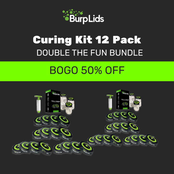 Burp Lids HOLIDAY 2X - 12 Pack Curing Kit BUNDLE - Fits All Wide Mouth Mason Jar Containers - A Home Harvesting Essential. 24 lids + 2 extraction pumps. Vacuum sealed for successful cure.