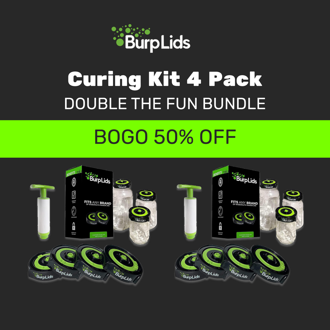 Burp Lids HOLIDAY 2X - 4 Pack Curing Kit BUNDLE - Fits All Wide Mouth Mason Jar Containers - Home Harvesting Essentials Includes 8 Lids with 2 Extraction Pumps - Vacuum Sealed for successful Cure